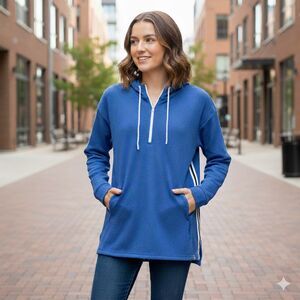 T by Talbots PS Royal Blue Pique Half Zip Hoodie Pullover Side Stripe Athleisure